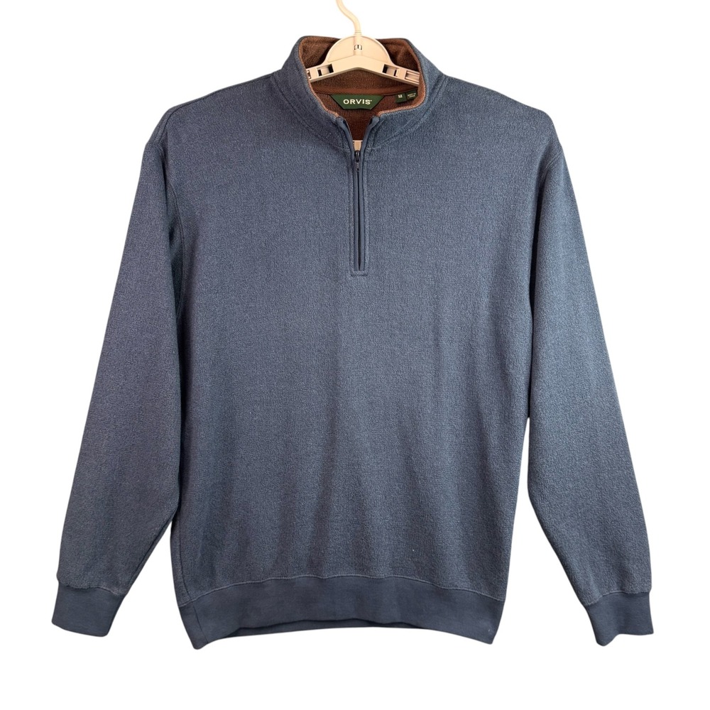 Orvis Mens Quarter Zip Pullover Sweatshirt Blue Heather Fleece Lined Collar M